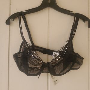 Ravage France Floral Applique Lace Bra Bustier Pin Up Black MESH 38C VTG…